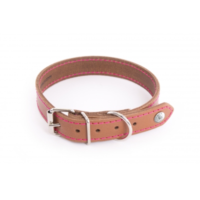 Collier cuir cognac coupé franc et couture fluo rose - FLASH