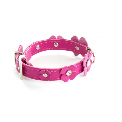 Collier cuir droit fuchsia pour chien - cuir fantaisie trèfle peausserie