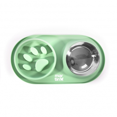 Gamelle "Anti-Glouton" vert en silicone et inox pour chien - 350mL