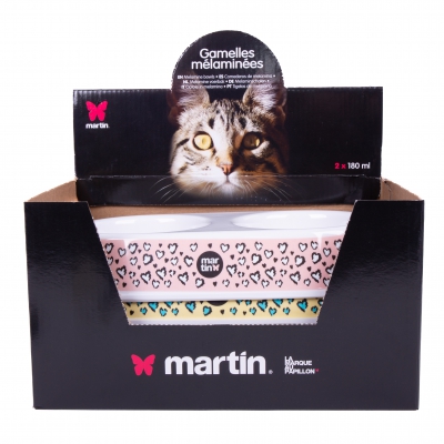 Gamelle pour chat "Cœur Léopard" - mélaminées doubles - Présentoir de 6 boites