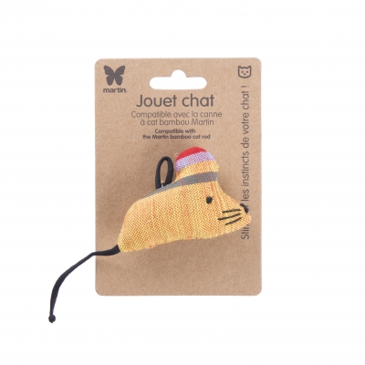 Jouet pour chat - Souris jaune avec bonnet - tissu ethnique 2