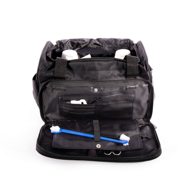 sac de rangement noir cote ouvert avec accessoires vivog