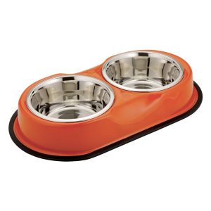 Support de gamelle anti-dérapant et 2 gamelles inox - 1.89L x 2 - orange