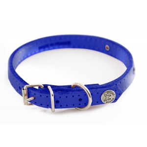 Blue leatherleather dog collar - classic leather stitched with plate