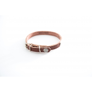 Brown leather dog collar - classic leather stitched with plate