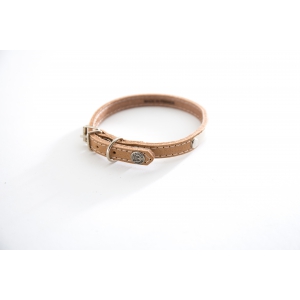 Natural leather dog collar - classic leather stitched with plate