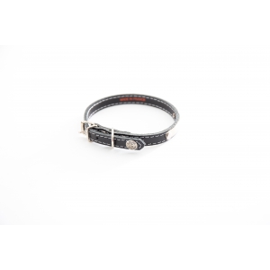 Black leather dog collar - classic leather stitched with plate