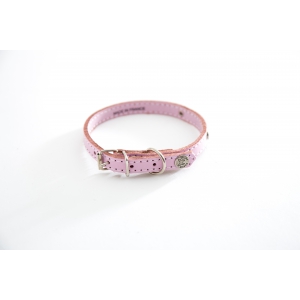 Pink leather dog collar - classic leather stitched with plate