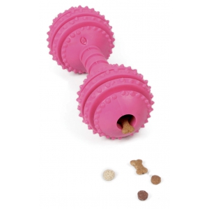 Pink hard rubber treat-dispensing dumbbell 16.5 x 6.5 cm