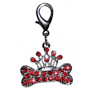Bone & crown dog pendant set with red rhinestones 3.0cm