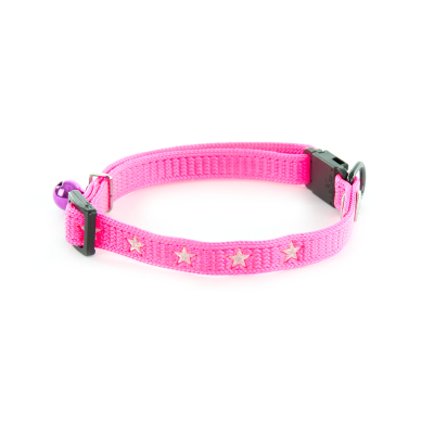 Cat collar in silver nylon with stars - Silver - 20/30cm - 1cm - pink